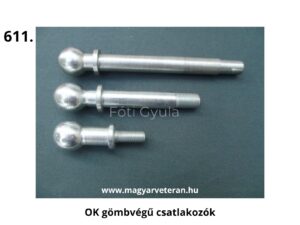 Három különböző méretű fém csatlakozótüske gömbfejjel és menetes szárral, sötét háttéren elhelyezve; mechanikai összekötéshez használt veterán magyar alkatrészek.