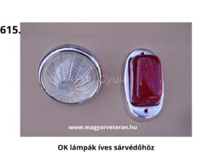 Egy kör alakú fehér és egy téglalap alakú piros lencséjű lámpa krómozott házzal, íves sárvédőre szerelhető kivitelben; klasszikus magyar járművekhez készült világítótestek.