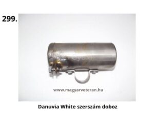 Fémes, hengeres szerszámdoboz zárómechanizmussal. Danuvia White szerszám doboz" felirattal, magyar veterán járművek katalógusából.