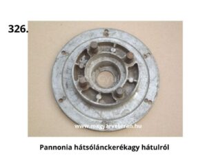 Pannónia veterán motorkerékpár hátsó lánckerékagy hátulnézetből, rögzítőcsapokkal és öntött szerkezettel