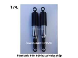 Pannónia P10 és P20 veterán motorkerékpár hátsó teleszkóp pár, klasszikus rugóstag krómozott szárral, fekete házzal, eredeti stílusú futómű alkatrész felújításhoz