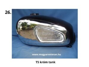 T5 króm üzemanyagtank veterán motorkerékpárhoz, oldalnézetben, fényes krómozott felülettel