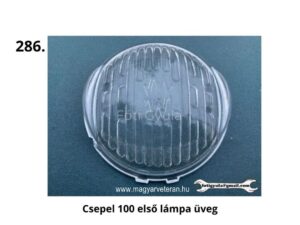 Csepel 100 első lámpa üveg – mintázott felületű, logóval ellátott üvegbúra magyar veterán motorkerékpárhoz