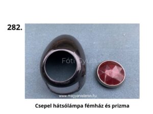 Csepel hátsólámpa fémház és prizma – fekete fémházas lámpatest és piros, prizmatikus búra fém keretben magyar veterán motorkerékpárhoz