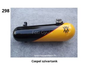 Csepel szivartank – fekete-sárga festésű, szivar alakú fém benzintartály felső rögzítőfüllel és tanksapkával magyar veterán motorkerékpárhoz