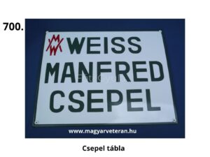 Csepel Weiss Manfréd feliratú fém tábla, zöld betűs veterán Csepel reklám- és dísztábla fehér alapon