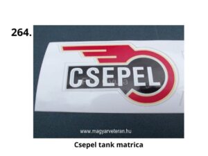 Csepel tank matrica – fekete alapon fehér „CSEPEL” felirat piros-sárga szárnymotívummal magyar veterán motorkerékpár üzemanyagtartályához