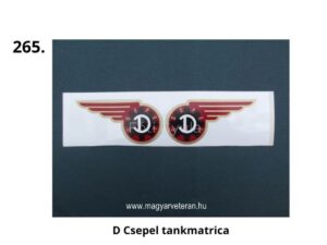 Csepel tankmatrica „D” logóval – fekete fogaskerék háttér, piros szárnymotívum és fehér „Csepel” felirat magyar veterán motorkerékpár üzemanyagtartályához