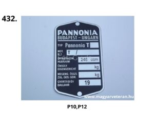Pannonia P10-P12 adattábla, gyári azonosító tábla veterán motorkerékpárhoz Budapest felirattal