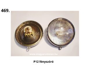 P12 Pannónia fényszóró első lámpa, krómozott házzal és üvegbúrával, veterán motorkerékpár világítás alkatrész