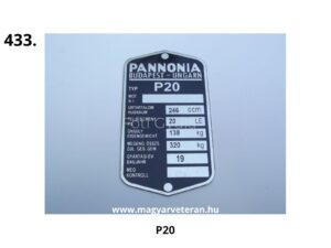 Pannonia P20 adattábla, gyári azonosító tábla veterán motorkerékpárhoz Budapest felirattal