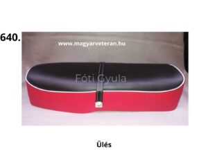 Pannónia T5H veterán motorkerékpár ülés fekete ülőfelülettel, piros oldalfallal, fehér díszcsíkkal és középső rögzítőpánttal