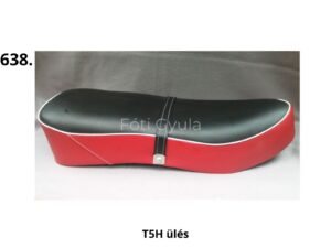 Pannónia T5H veterán motorkerékpár ülés fekete felsőrésszel, piros oldalfallal, fehér díszcsíkkal és középső rögzítőpánttal