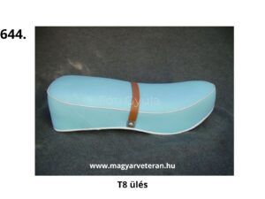 Pannónia T8 veterán motorkerékpár ülés világoskék borítással, fehér paszpóllal és barna rögzítőszíjjal