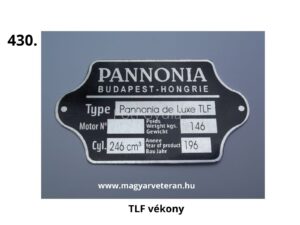 Pannonia TLB vékony adattábla, gyári azonosító tábla veterán motorkerékpárhoz Budapest felirattal
