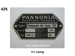 Pannoniia TLF adattábla, gyári azonosító tábla veterán motorkerékpárhoz Budapest felirattal