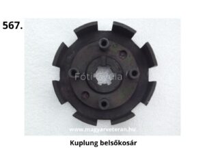 Pannónia motorkerékpár kuplung belső kosár felülnézetben, bordázott középrésszel és rögzítőfuratokkal, veterán kuplung javításhoz