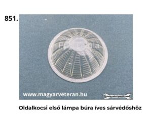 Átlátszó oldalkocsi első lámpabúra íves sárvédőhöz, kör alakú bordázott felülettel, felülnézetből fotózva, egyszínű háttéren