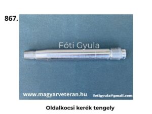 Oldalkocsi kerék tengely, fém kivitelben, mindkét végén menetes kialakítással, semleges háttéren felülnézetből