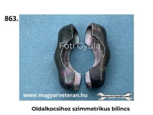 Oldalkocsihoz való szimmetrikus bilincs két félből álló fém alkatrésze, egymással szembefordítva, kör alakú befogással, kék háttéren, felülnézetből