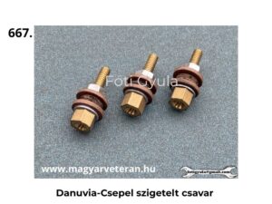 Danuvia és Csepel motorkerékpárhoz való szigetelt csavar, réz anyával és szigetelő alátétekkel, veterán alkatrész