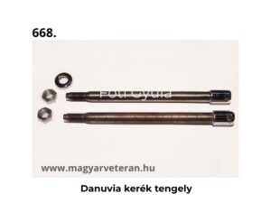 Danuvia kerék tengely szett anyákkal veterán motorkerékpár futómű alkatrészhez, fehér háttéren fényképezve.