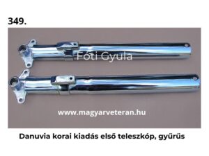 Danuvia korai kiadás első teleszkóp pár gyűrűs kivitelben krómozott veterán motorkerékpár alkatrészhez, világos háttéren fotózva.