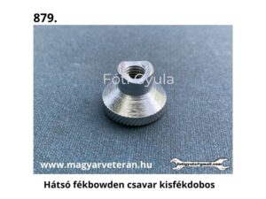Hátsó fékbowden csavar kisfékdobos kivitelben veterán motorkerékpár fékrendszeréhez, szürke háttéren fényképezve.