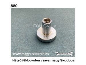 Hátsó fékbowden csavar nagyfékdobos kivitelben veterán motorkerékpár fékrendszeréhez, szürke háttéren fotózva.