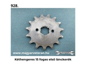 Kéthengeres 15 fogas első lánckerék acél kivitelben veterán motorkerékpárhoz, világoskék háttéren fotózva.