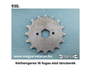 Kéthengeres 16 fogas első lánckerék acél kivitelben veterán motorkerékpárhoz, világoskék háttéren fényképezve.