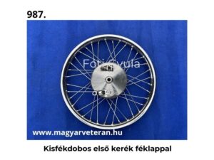 Kisfékdobos első kerék féklappal komplett küllős kivitelben veterán motorkerékpárhoz, kék háttéren fényképezve.