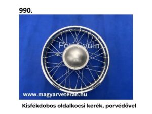 Kisfékdobos oldalkocsi kerék porvédővel komplett küllős kivitelben veterán motorkerékpárhoz, kék háttéren fényképezve.
