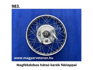 Nagyfékdobos hátsó kerék féklappal komplett küllős kivitelben veterán motorkerékpárhoz, kék háttéren fényképezve.