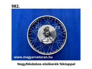 Nagyfékdobos első kerék féklappal komplett küllős kivitelben veterán motorkerékpárhoz, kék háttéren fotózva.