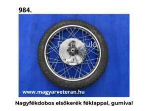 Nagyfékdobos első kerék féklappal és gumival komplett küllős kivitelben veterán motorkerékpárhoz, kék háttéren fotózva.