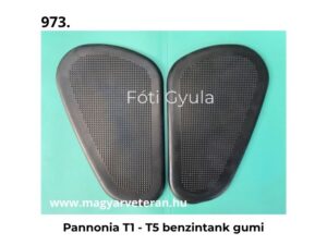 Pannonia T1–T5 benzintank gumi pár fekete bordázott kivitelben veterán motorkerékpárhoz, türkiz háttéren fotózva.