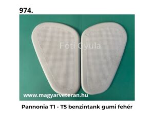 Pannonia T1–T5 benzintank gumi pár fehér kivitelben veterán motorkerékpárhoz, türkiz háttéren fényképezve.