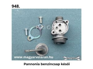 Pannonia benzincsap késői kivitelben veterán motorkerékpár üzemanyag rendszer alkatrészei, világoskék háttéren fotózva.