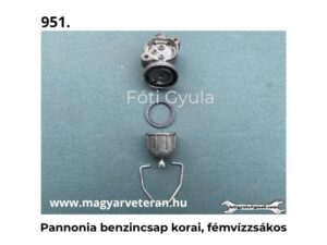 Pannonia benzincsap korai fémvisszás kivitelben veterán motorkerékpár üzemanyag rendszer alkatrészei, világoskék háttéren fotózva.