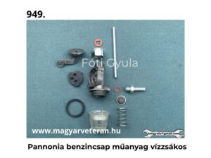 Pannonia benzincsap műanyag visszáskészlettel veterán motorkerékpár üzemanyag rendszeréhez, világoskék háttéren fényképezve.