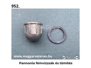 Pannonia fémvisszászűrő és tömítés veterán motorkerékpár benzincsap alkatrészhez, világoskék háttéren fényképezve.