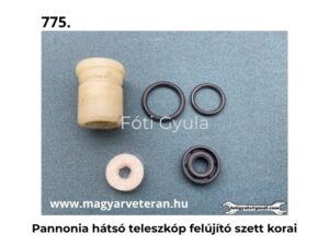 Pannonia hátsó teleszkóp felújító szett korai kivitelben veterán motorkerékpár alkatrészhez, világoskék háttéren fényképezve.