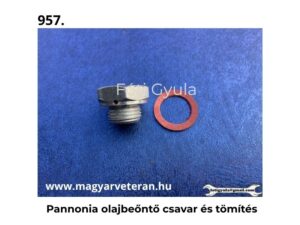 Pannonia olajbeöntő csavar és tömítés veterán motorkerékpár motoralkatrészhez, kék háttéren fényképezve.