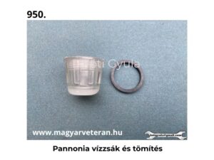 Pannonia visszászűrő és tömítés veterán motorkerékpár benzincsap alkatrészhez, világoskék háttéren fényképezve.