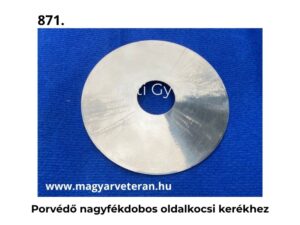Porvédő nagyfékdobos oldalkocsi kerékhez polírozott fém kivitelben veterán motorkerékpár alkatrészhez, kék háttéren fotózva.