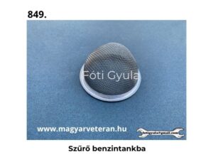 Szűrő benzintankba fémhálós kivitelben veterán motorkerékpár üzemanyag rendszeréhez, sötét háttéren fotózva.