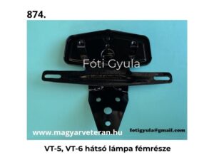 VT-5, VT-6 hátsó lámpa fémrésze fekete kivitelben veterán motorkerékpár alkatrészhez, türkiz háttéren fényképezve.